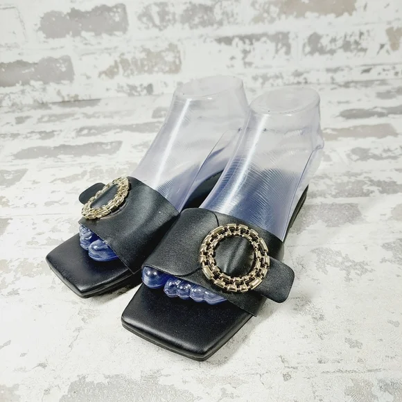 NEW Open Edit Lely Black Faux Leather Square Toe Flat Slide Sandals F68 - Picture 2 of 11